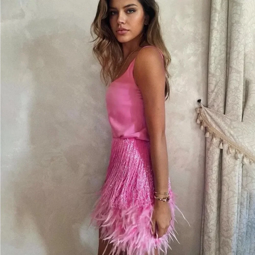 Ballerina Pink Sexy Fringe Feather Skirt Set With Tassles, 2 Piece Set - Picture 2 of 8